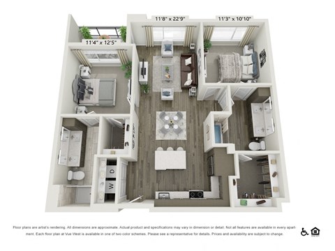 Floor plan for 2 beds, 2 baths, 1044 sqft
